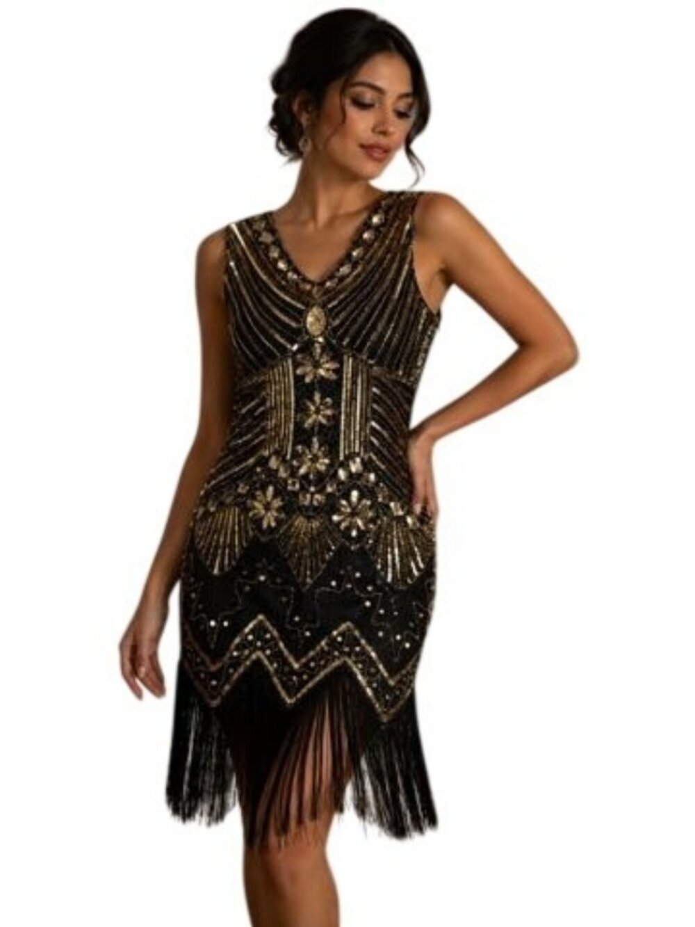 Vintage-Inspired Black & Gold Sequin Fringe Flapper Dress Size XXL Art Deco Part